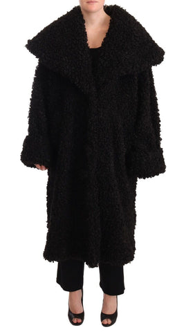 Black polyester fur trench coat jacket by Dolce & Gabbana, featuring a stylish classic design with a fitted silhouette.