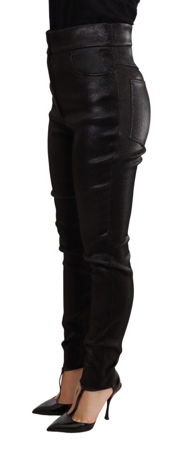 Black silver lurex thread cotton stretch pants by Dolce & Gabbana, featuring a fitted silhouette and textured fabric.