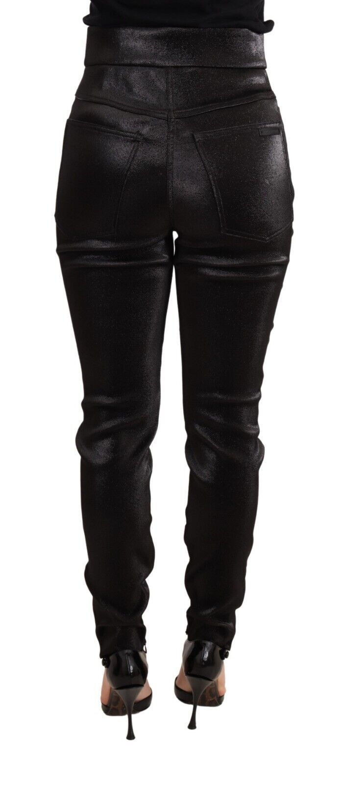 Black silver lurex thread cotton stretch pants by Dolce & Gabbana, showing the fitted waist and sleek fabric details.