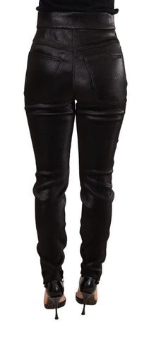 Black silver lurex thread cotton stretch pants by Dolce & Gabbana, showing the fitted waist and sleek fabric details.