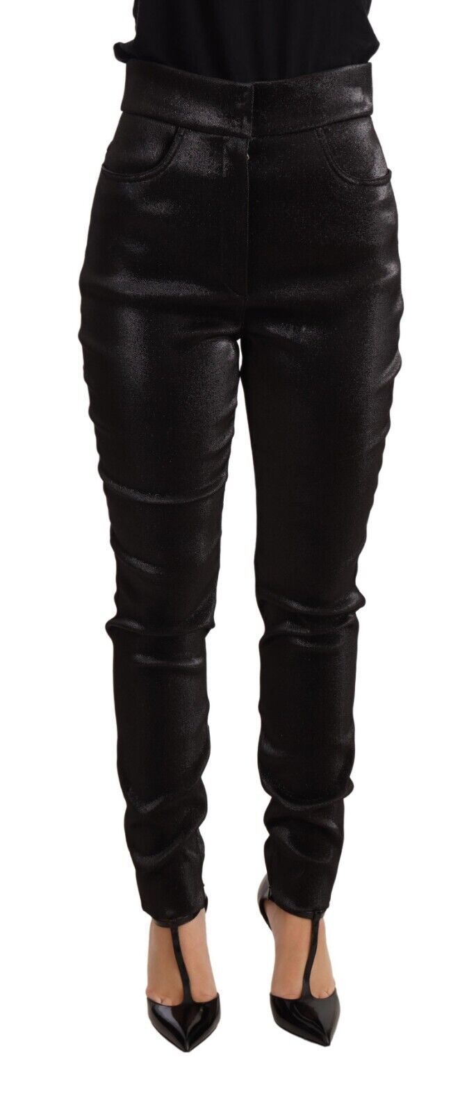 Black silver Lurex thread cotton stretch pants by Dolce & Gabbana, showing the fitted design and shiny metallic detailing.