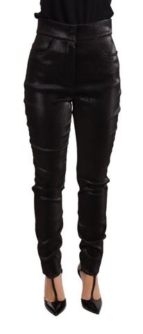 Black silver Lurex thread cotton stretch pants by Dolce & Gabbana, showing the fitted design and shiny metallic detailing.