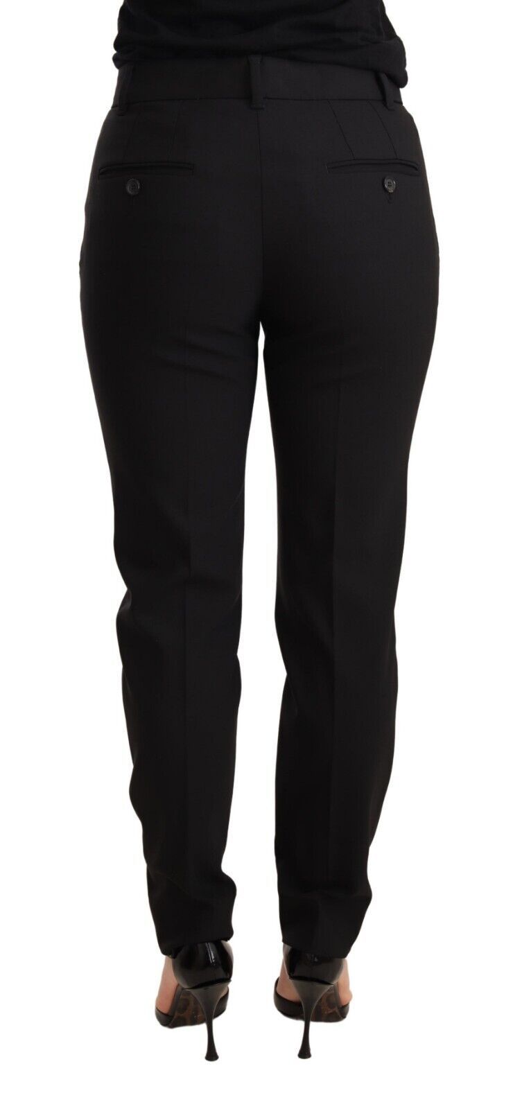 Black tapered women's trouser made of virgin wool by Dolce & Gabbana, showing a stylish, tailored fit and sleek fabric.