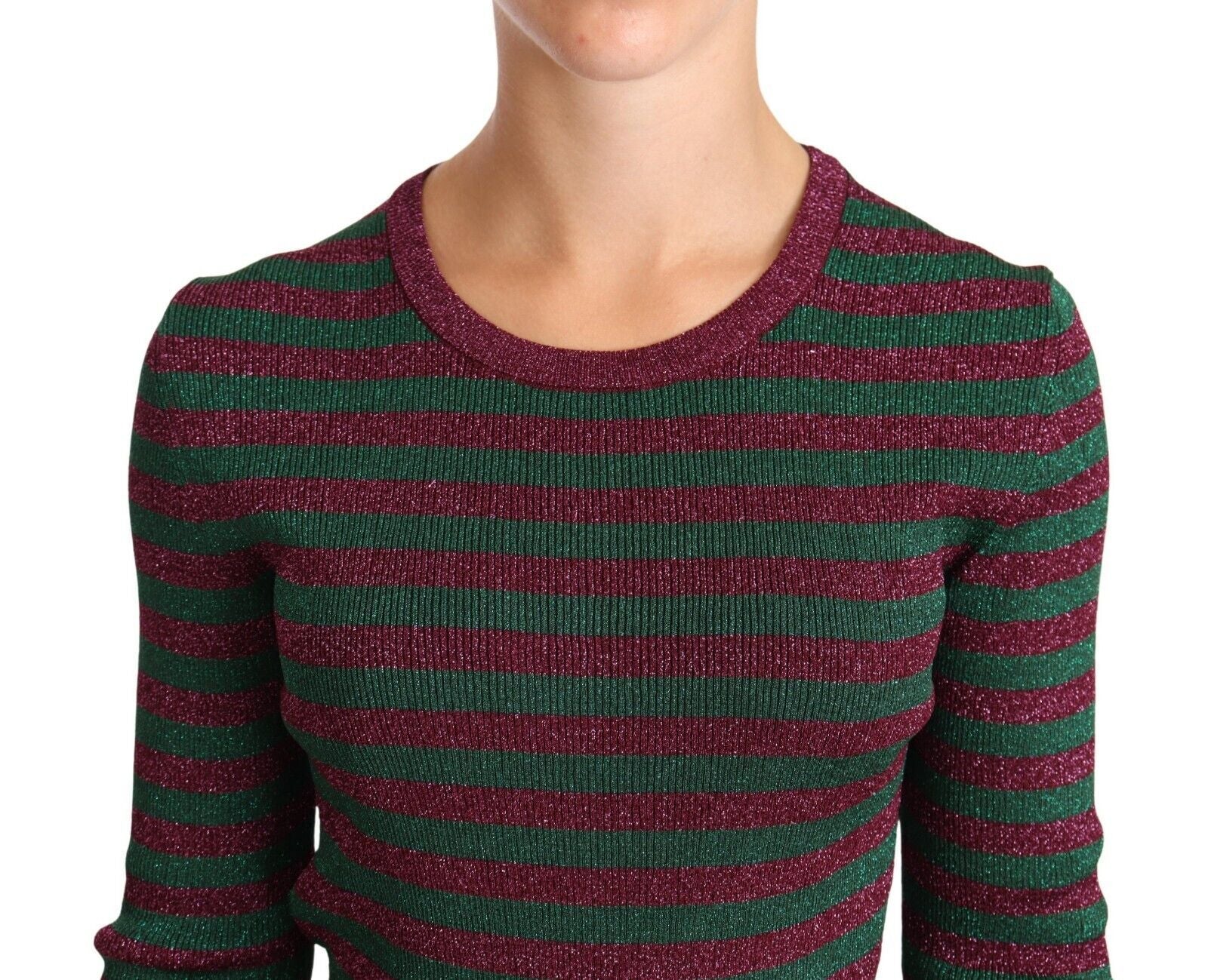 Multicolor striped crew neck pullover sweater by Dolce & Gabbana, featuring vibrant horizontal stripes and a cozy knit texture.