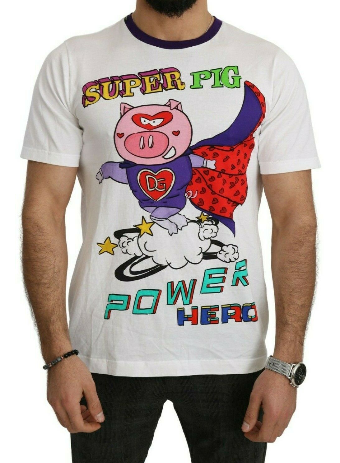 White cotton T-shirt featuring a Super Power Pig graphic from Dolce & Gabbana, casual crewneck design.