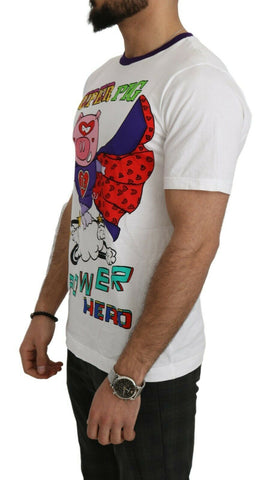 White cotton T-shirt featuring Super Power Pig graphic from Dolce & Gabbana, casual fit with round neckline and short sleeves.
