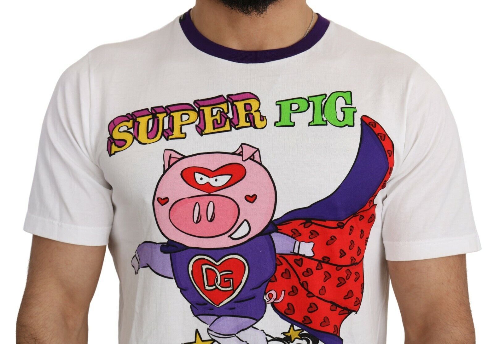 White cotton T-shirt featuring a Super Power Pig graphic from Dolce & Gabbana, casual stylish top for everyday wear.