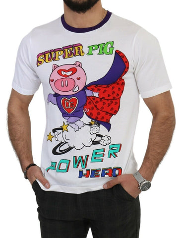 White cotton T-shirt featuring a Super Power Pig graphic from Dolce & Gabbana, casual and stylish men's top.