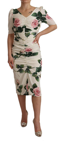 White roses print stretch silk pleated dress by Dolce & Gabbana, shown with elegant pleats and floral pattern.