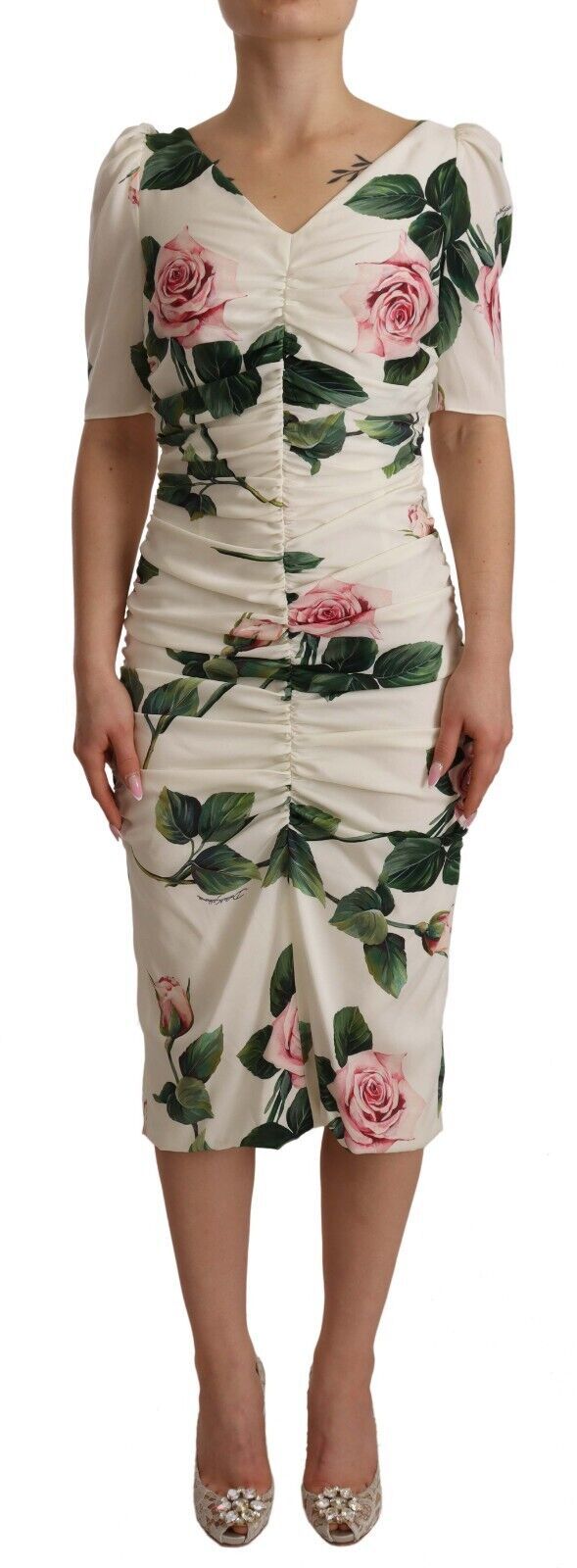 White roses print stretch silk pleated dress by Dolce & Gabbana, featuring elegant pleats and floral pattern.