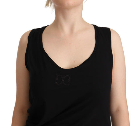 Black sleeveless cotton sheath mini dress by Roberto Cavalli, fitted style with a sleek, minimalist design and round neckline.