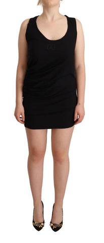 Black sleeveless cotton sheath mini dress by Roberto Cavalli, close-up showing fitted silhouette and smooth fabric texture.