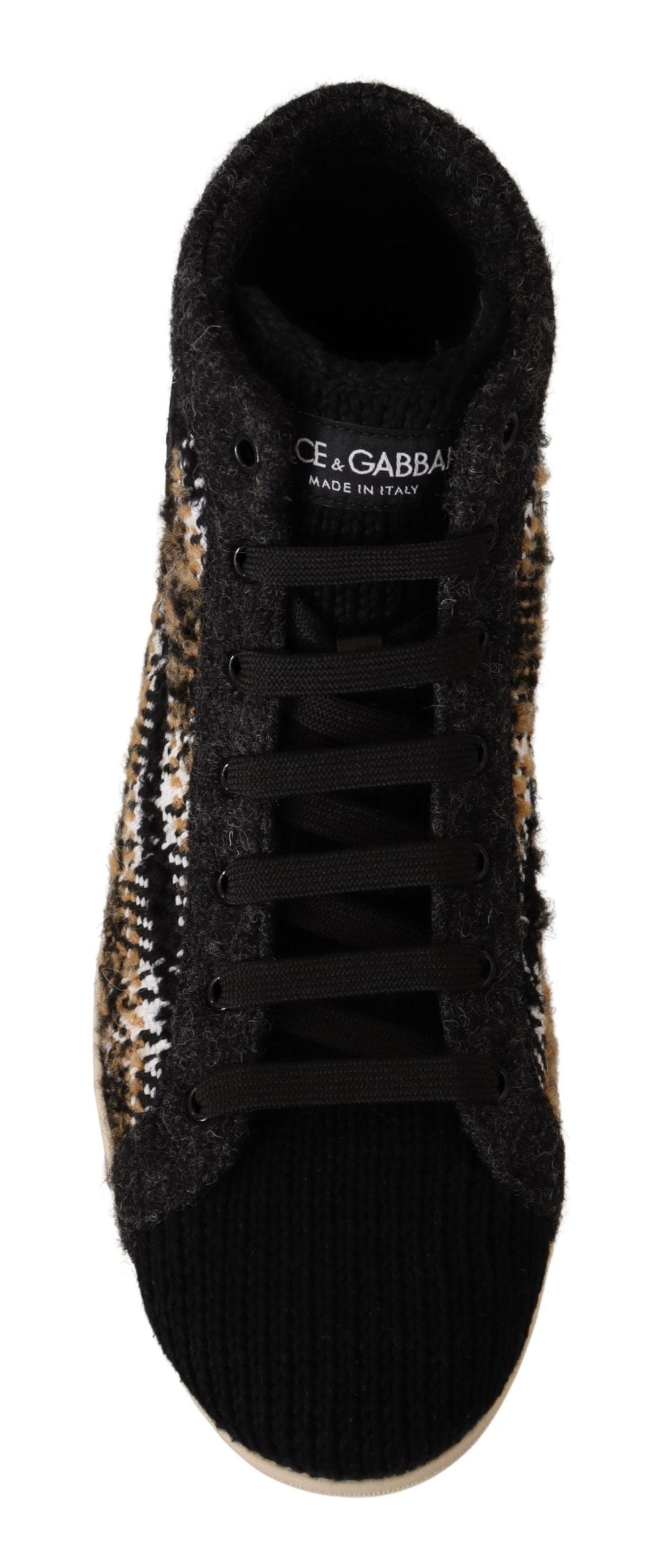 Beige and brown wool cotton high top sneakers by Dolce & Gabbana, featuring stylish laces and a modern design.