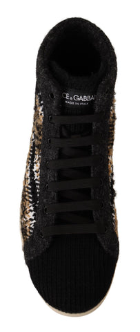 Beige and brown wool cotton high top sneakers by Dolce & Gabbana, featuring stylish laces and a modern design.