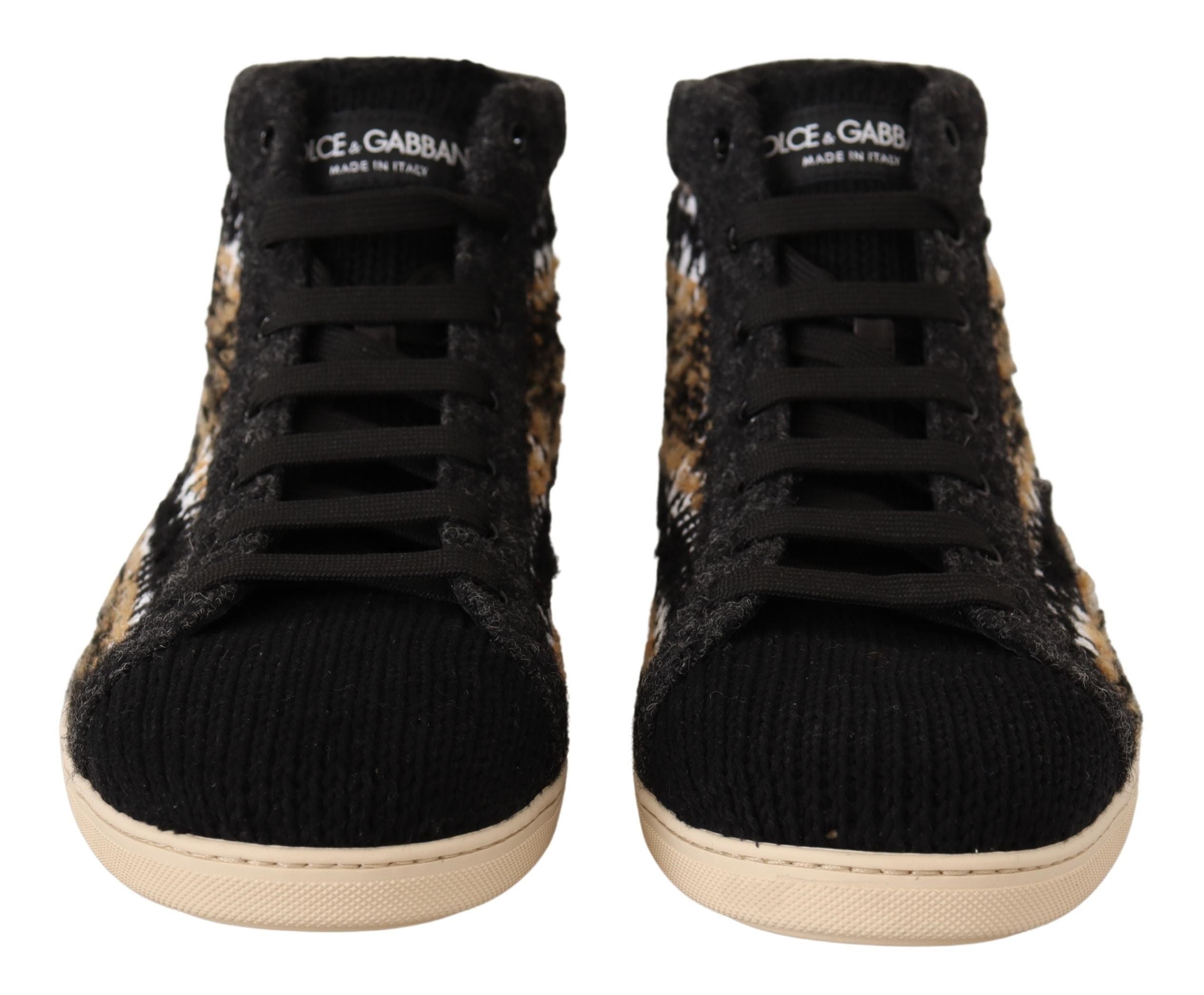 Beige and brown wool cotton high top sneakers by Dolce & Gabbana, featuring stylish laces and a textured sole.