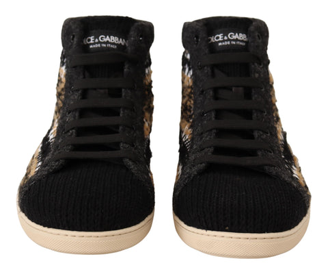 Beige and brown wool cotton high top sneakers by Dolce & Gabbana, featuring stylish laces and a textured sole.