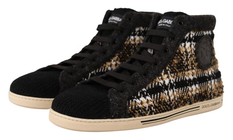 Beige and brown wool cotton high top sneakers by Dolce & Gabbana with stylish laces and textured sole.