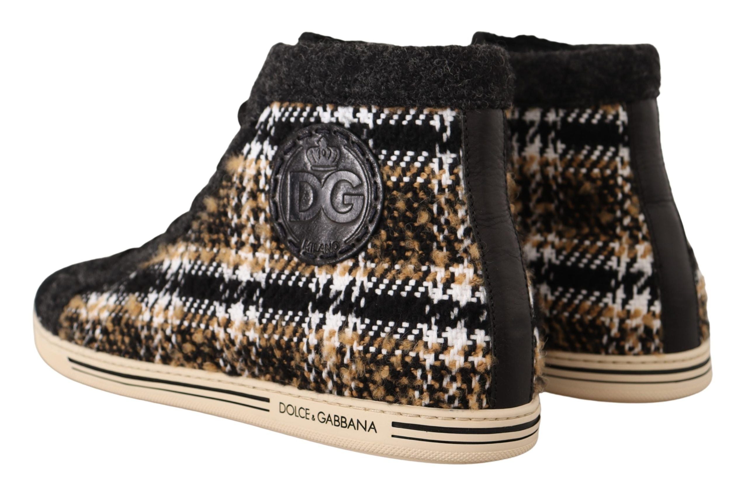 Beige and brown wool cotton high top sneakers by Dolce & Gabbana with white laces and rubber soles.