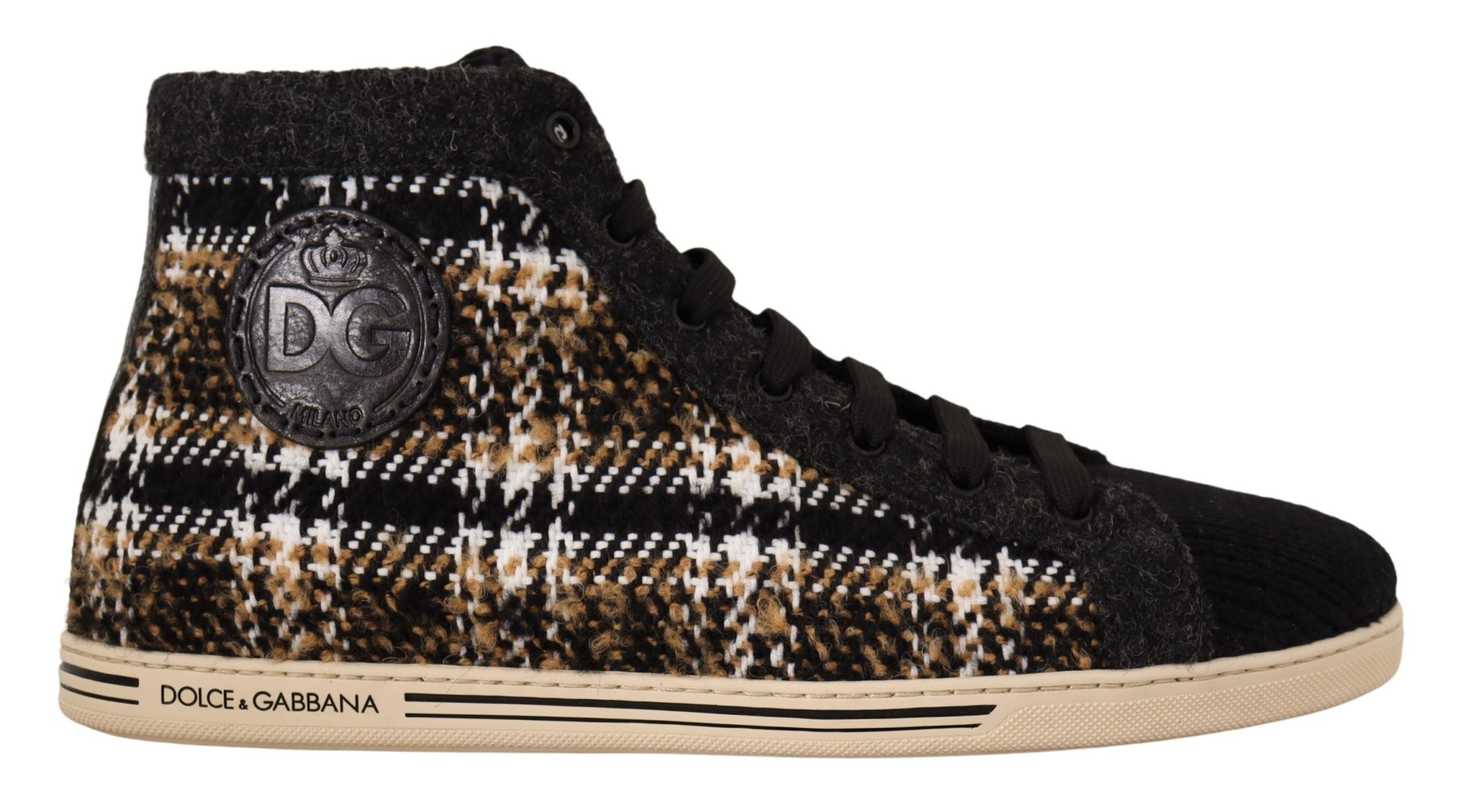 Beige and brown wool cotton high top sneakers by Dolce & Gabbana with laces and stylish design.