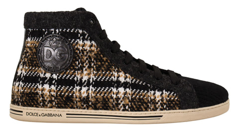 Beige and brown wool cotton high top sneakers by Dolce & Gabbana with laces and stylish design.