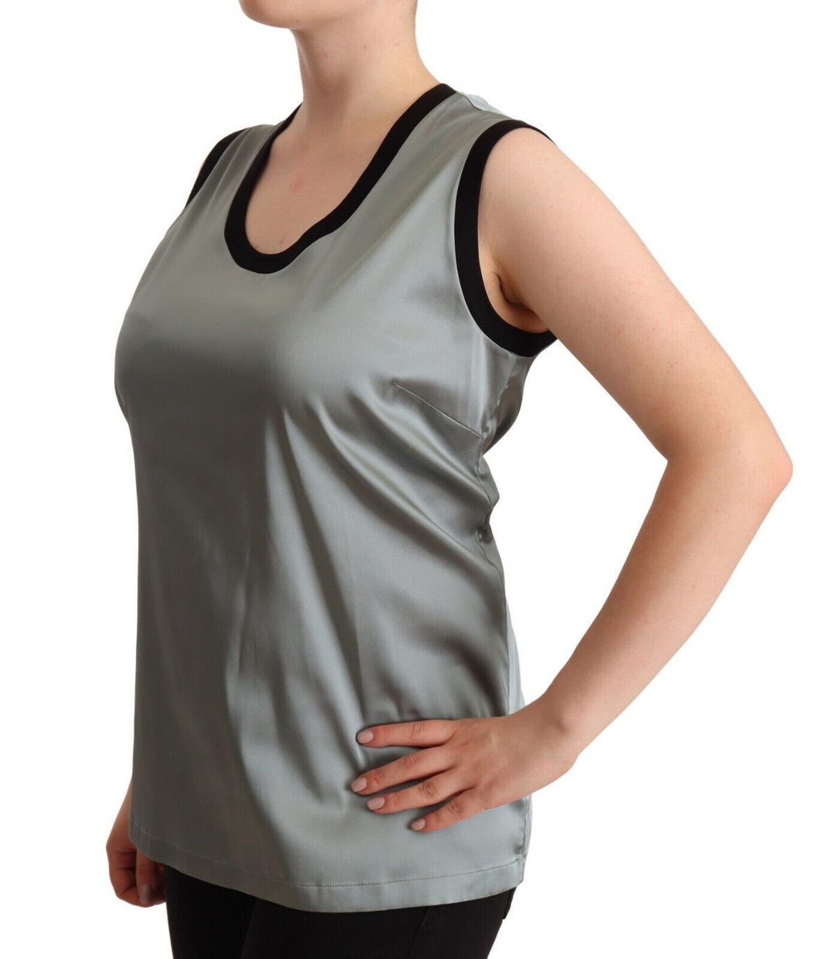 Silver round neck sleeveless casual tank top by Dolce & Gabbana, shown in a close-up image highlighting the fabric and design.