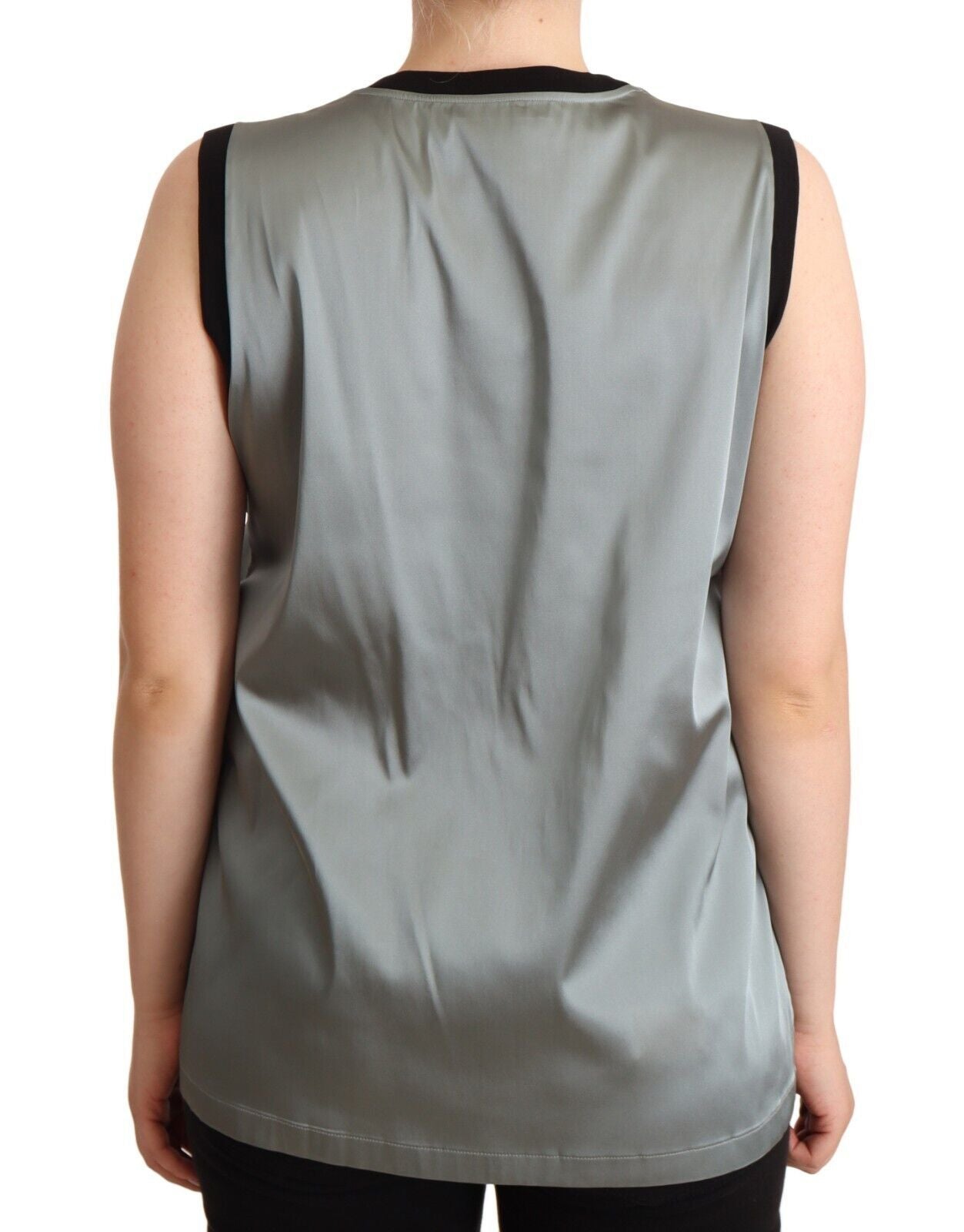 Silver round neck sleeveless casual tank top by Dolce & Gabbana, lightweight fabric, fitted style, shown on a mannequin.