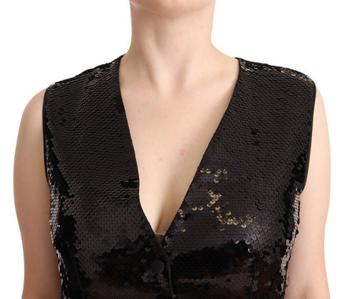 Black sequin V-neck sleeveless vest tank top by Dolce & Gabbana with shimmering sequins and a sleek, fitted design.
