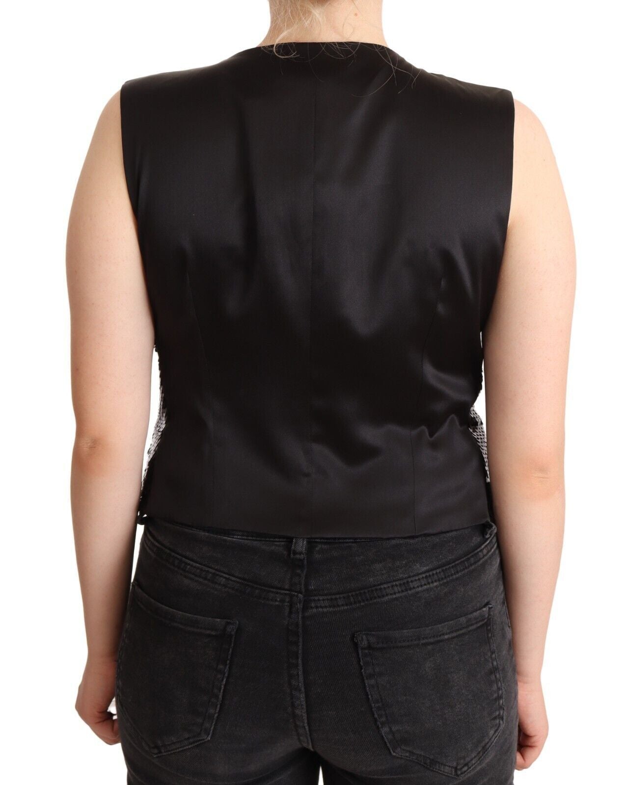 Black sequin V-neck sleeveless vest tank top by Dolce & Gabbana, featuring sparkly sequins and a stylish V-neck design.