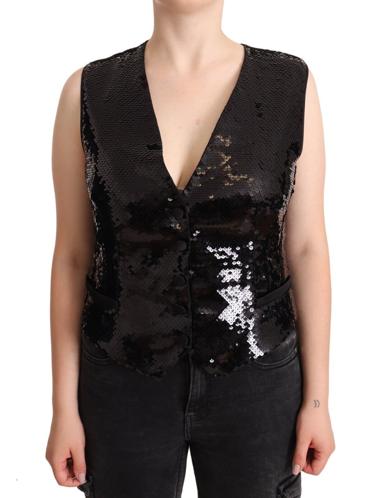 Black sequin V-neck sleeveless vest tank top by Dolce & Gabbana, featuring shiny sequins and a fitted sleeveless design.