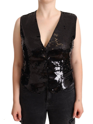 Black sequin V-neck sleeveless vest tank top by Dolce & Gabbana, featuring shiny sequins and a fitted sleeveless design.