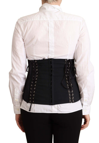 Black Dolce & Gabbana corset belt with stretch waist strap, stylish accessory for cinched waist and elegant outfits.