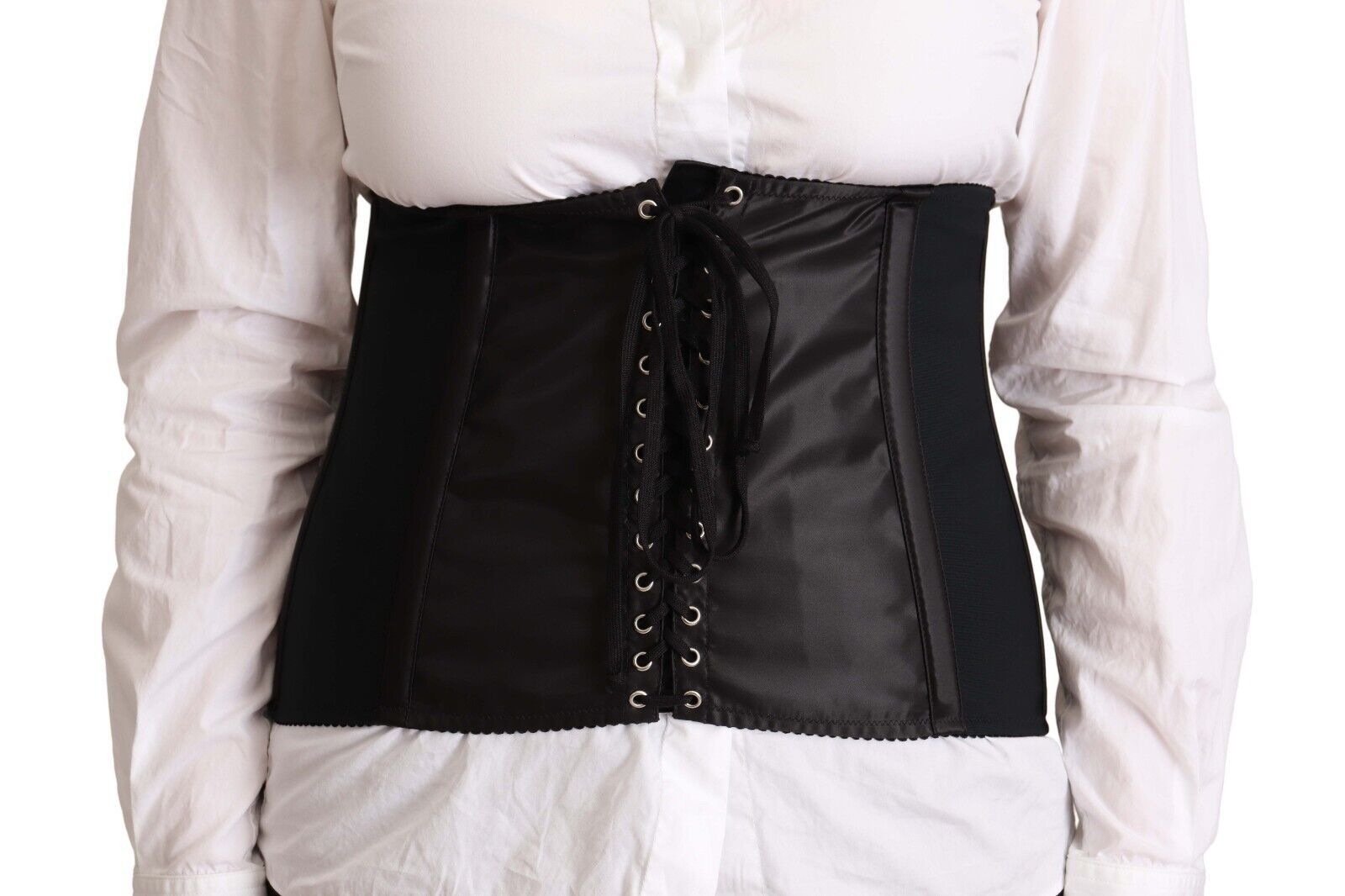 Black Dolce & Gabbana corset belt with stretch waist strap, featuring a fitted design and elegant detailing.