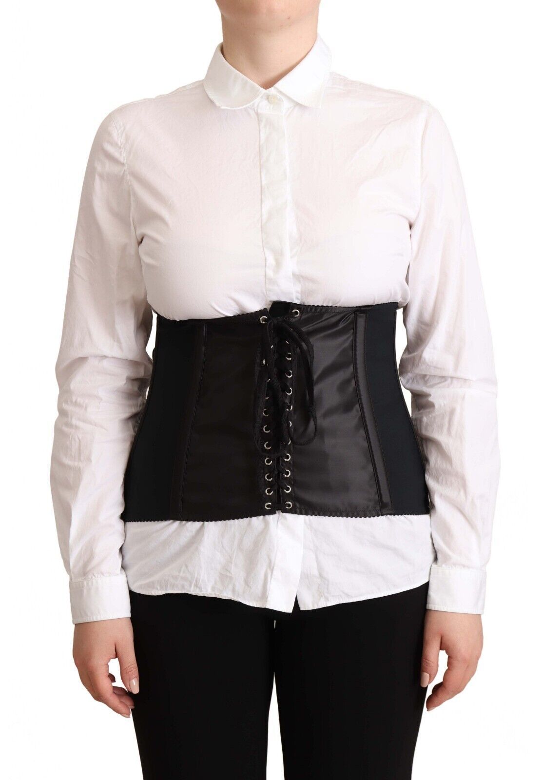 Black Dolce & Gabbana corset belt with stretch waist strap, featuring a fitted design and stylish detailing.