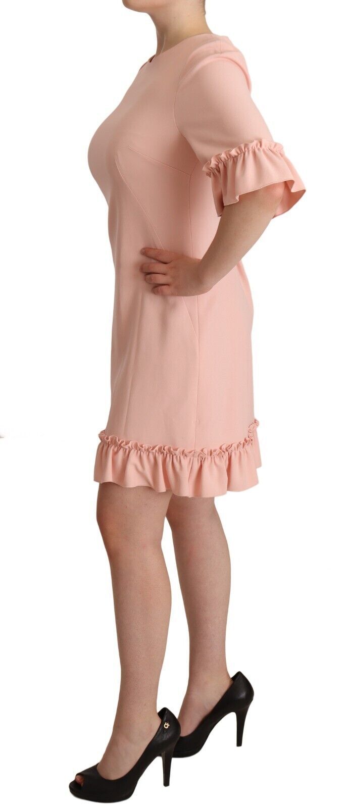 Pink viscose sheath dress with ruffled sleeves by Dolce & Gabbana, featuring a fitted silhouette and elegant design.