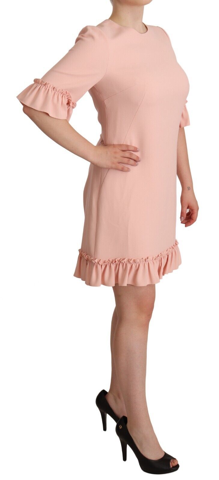 Pink viscose sheath dress with ruffled sleeves by Dolce & Gabbana, featuring a fitted silhouette and elegant design.