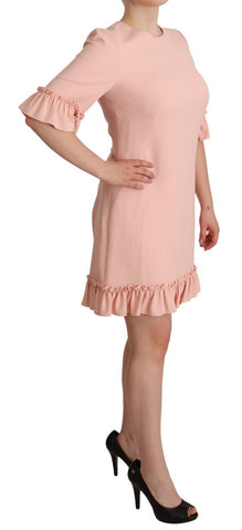 Pink viscose sheath dress with ruffled sleeves by Dolce & Gabbana, featuring a fitted silhouette and elegant design.