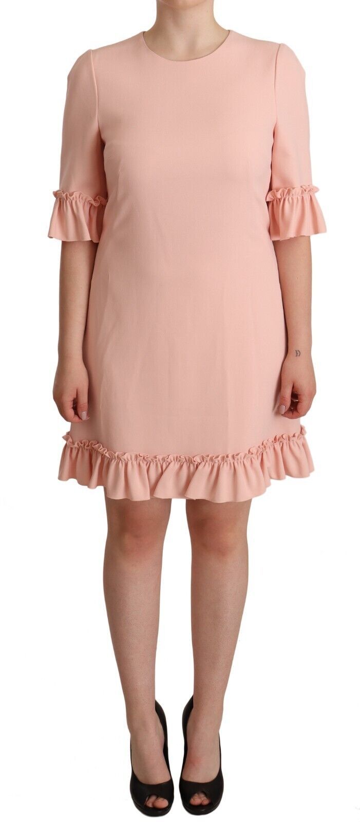 Pink viscose sheath dress with ruffled sleeves by Dolce & Gabbana, featuring a fitted silhouette and elegant design.