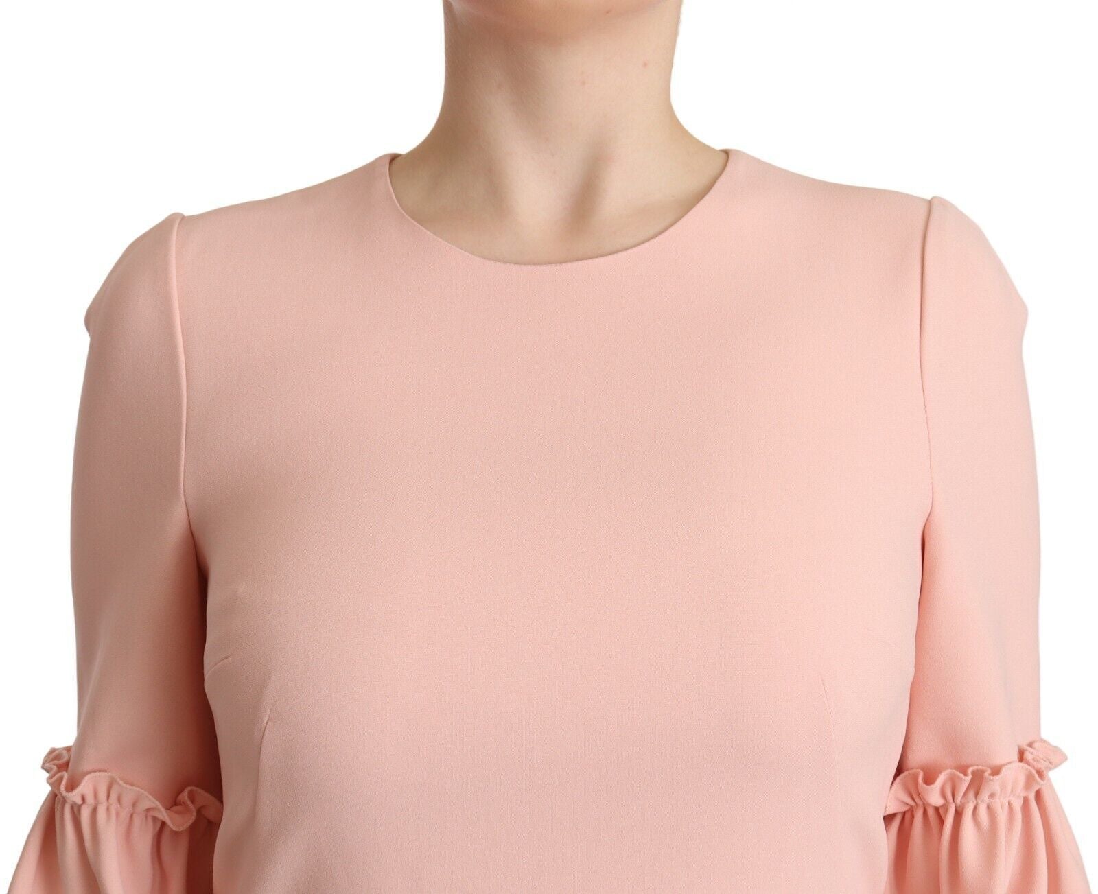 Pink viscose sheath dress with ruffled sleeves by Dolce & Gabbana, featuring a fitted silhouette and elegant design.