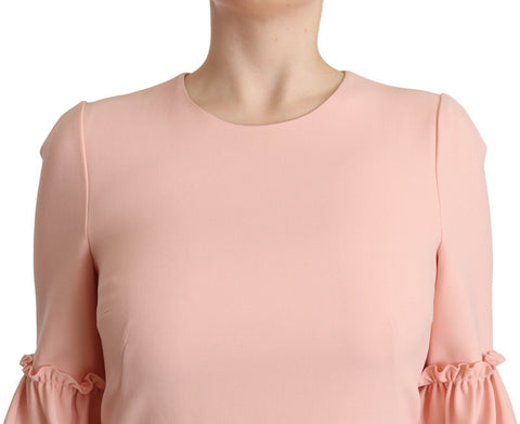 Pink viscose sheath dress with ruffled sleeves by Dolce & Gabbana, featuring a fitted silhouette and elegant design.