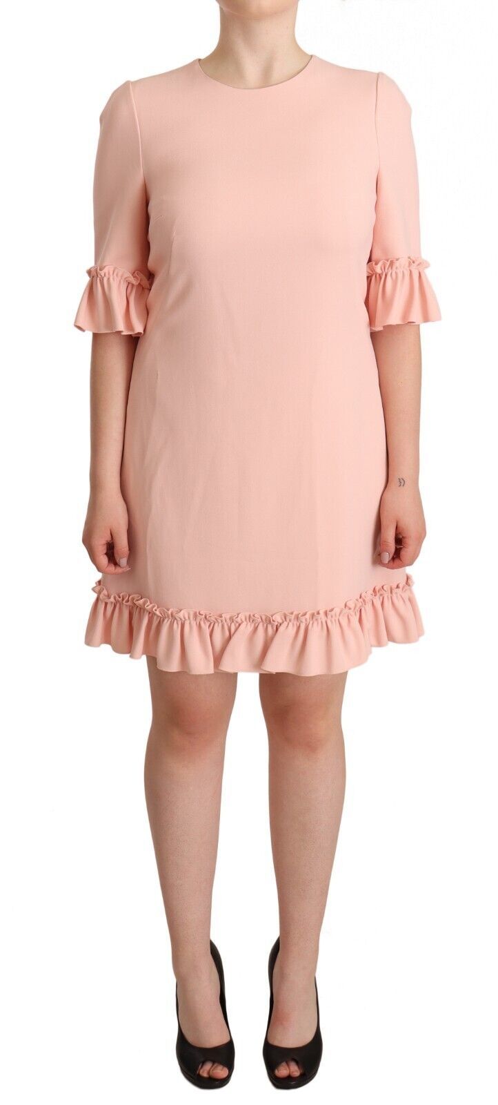 Pink viscose sheath dress with ruffled sleeves by Dolce & Gabbana, featuring a fitted silhouette and elegant design.
