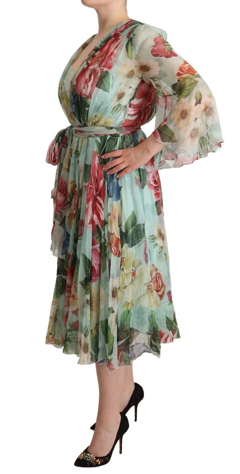 Green floral long sleeve V-neck midi dress by Dolce & Gabbana, featuring a fitted silhouette and elegant floral pattern.