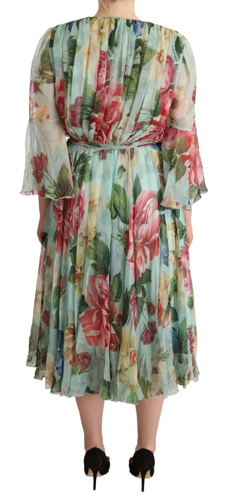 Green floral long sleeve V-neck midi dress by Dolce & Gabbana, featuring a fitted waist and elegant design.