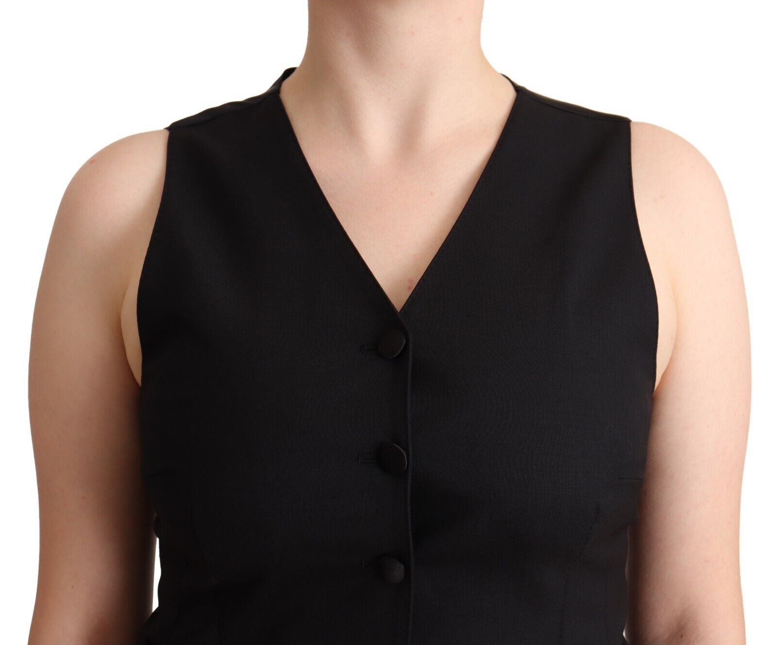 Black button-down sleeveless viscose vest top by Dolce & Gabbana displayed on a white background.