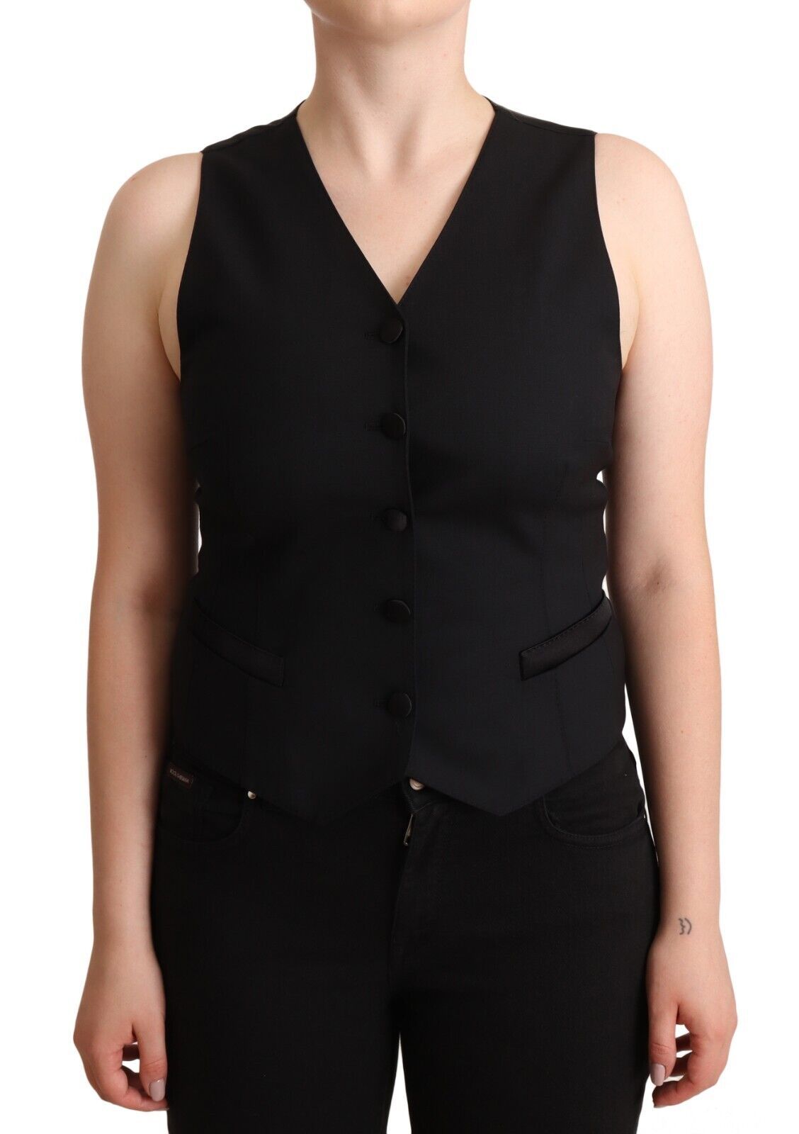 Black sleeveless viscose vest top with button-down front by Dolce & Gabbana, shown on a white background.