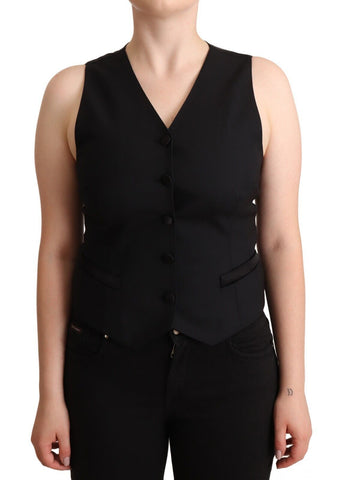 Black sleeveless viscose vest top with button-down front by Dolce & Gabbana, shown on a white background.