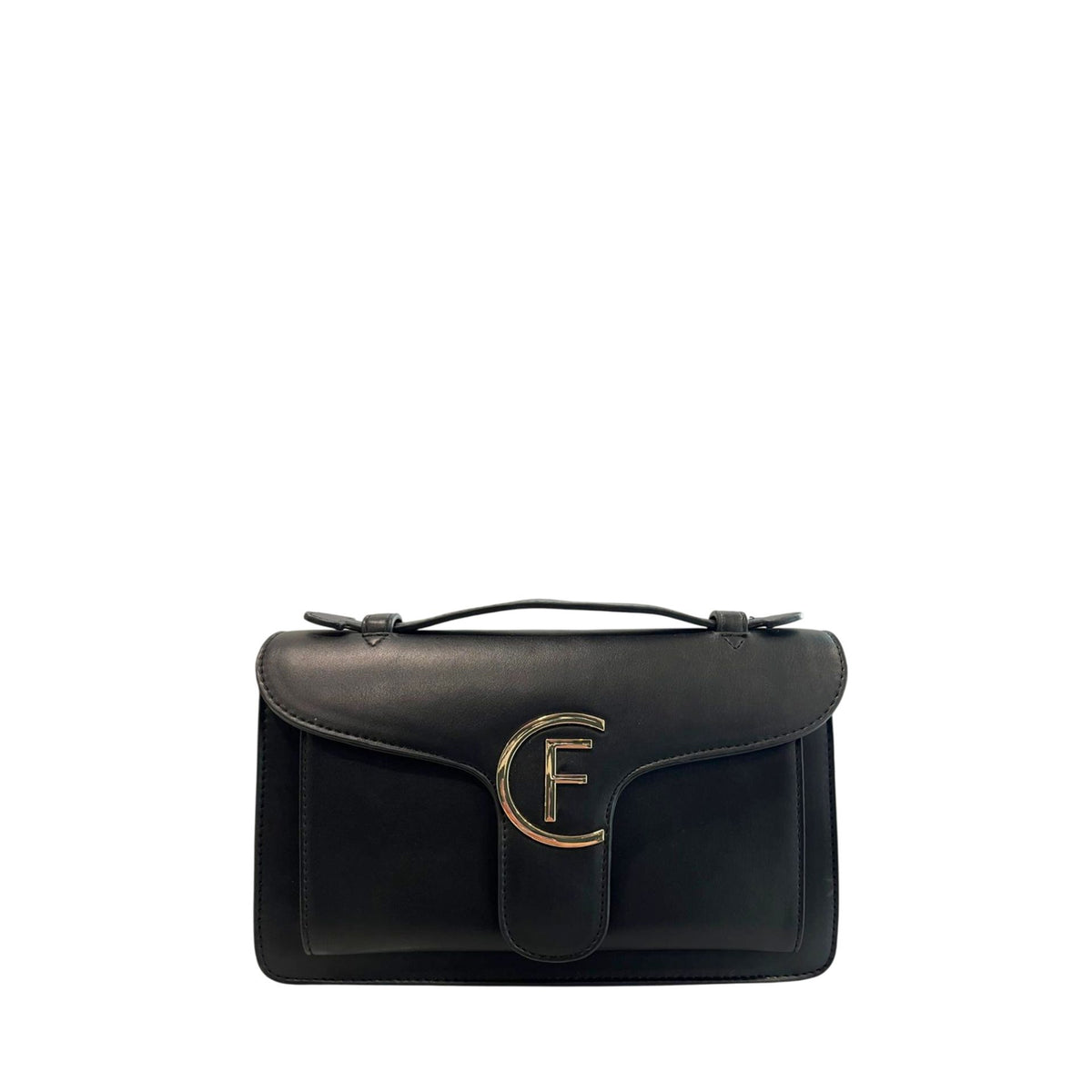 Cristinaeffe CF24FW021_NERO black leather handbag by Jag Couture London - New York, showing front view with gold hardware details.