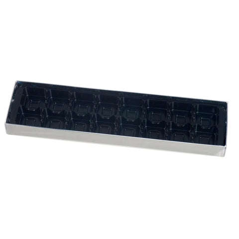 Set of 16 chocolate silver bases with black vacuum trays and cello lids from Jag Couture London New York.