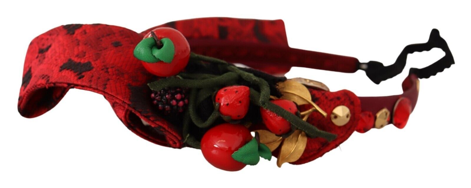 Red tiara with berry and crystal embellishments, Dolce & Gabbana hair diadem headband featuring intricate design and sparkling details.