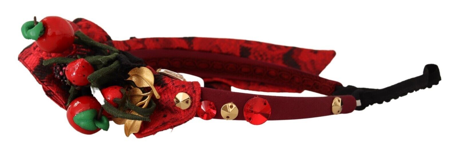 Red tiara with berry fruit crystal accents and bow design, Dolce & Gabbana headband for elegant hair accessory styling.