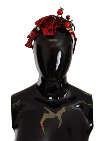 Red crystal bow headband with berry and fruit accents, styled as a diadem hair accessory by Dolce & Gabbana.